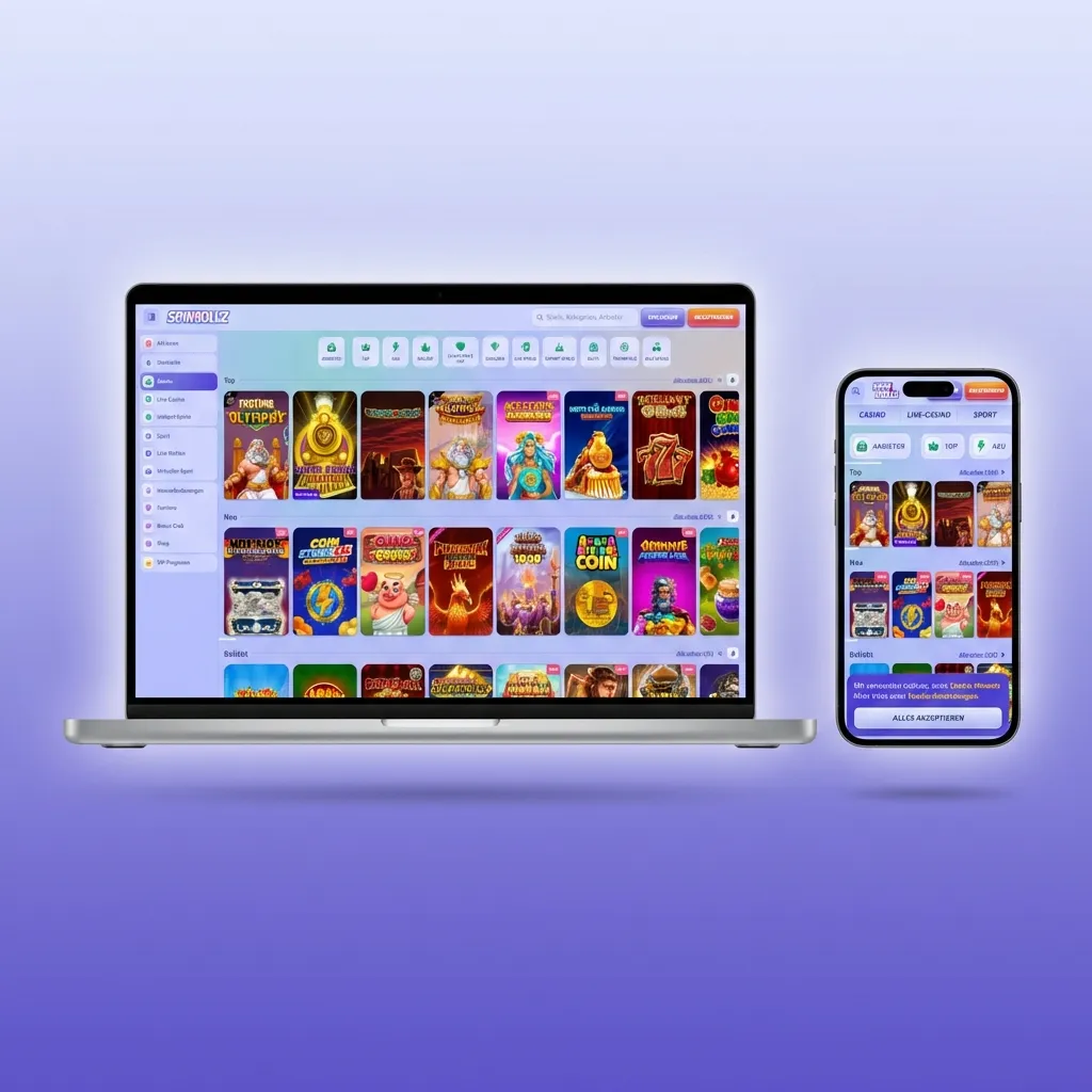 Benutzeroberfläche der Spinrollz Webseite mit Navigationsleiste für Sportwetten und Casino.