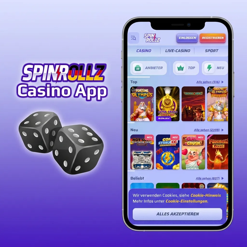 Spinrollz Casino App interface showing slots, live games, and sports betting.