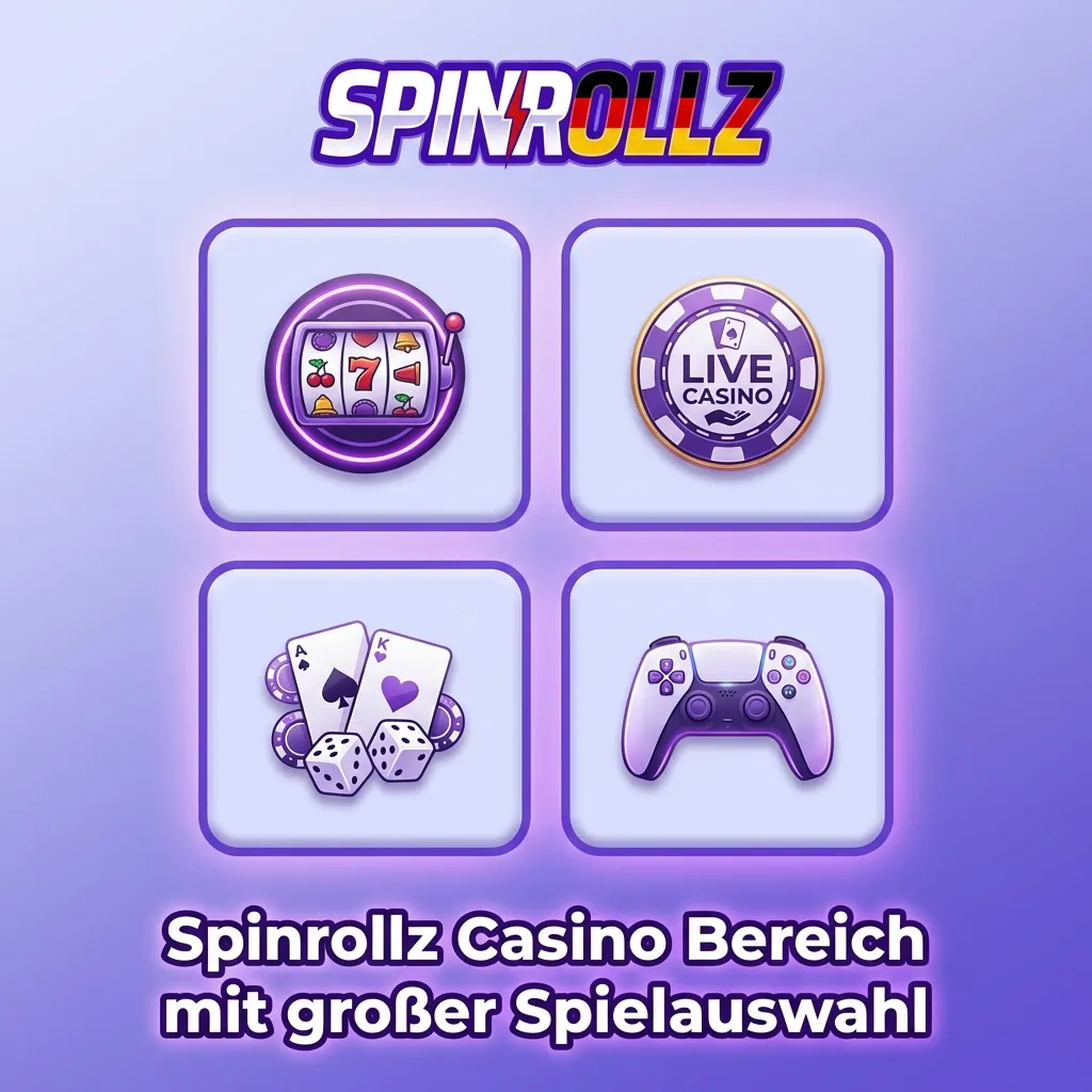 Spinrollz Casino Spielauswahl mit über 4000 Slots, Jackpots und Tischspielen.