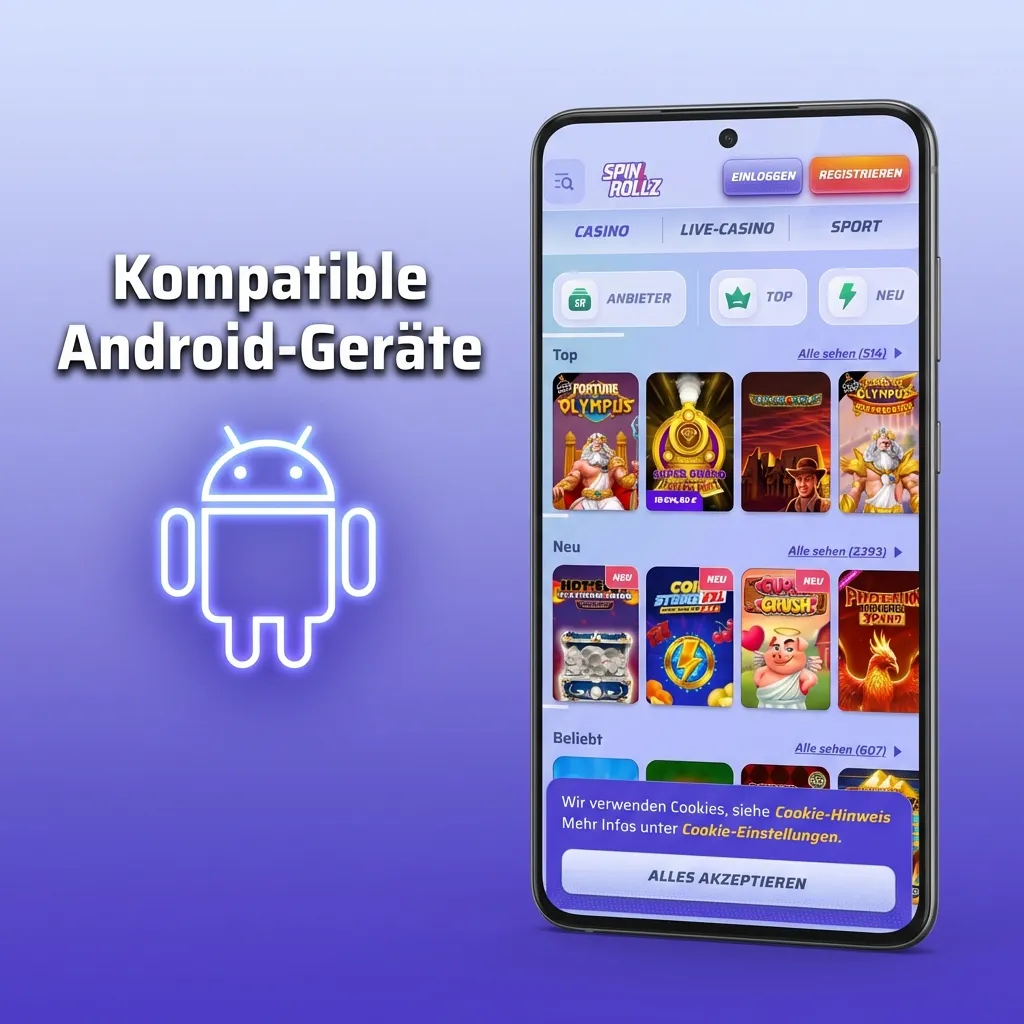Auswahl kompatibler Android-Smartphones wie Samsung, Xiaomi und Google Pixel für die Spinrollz App.