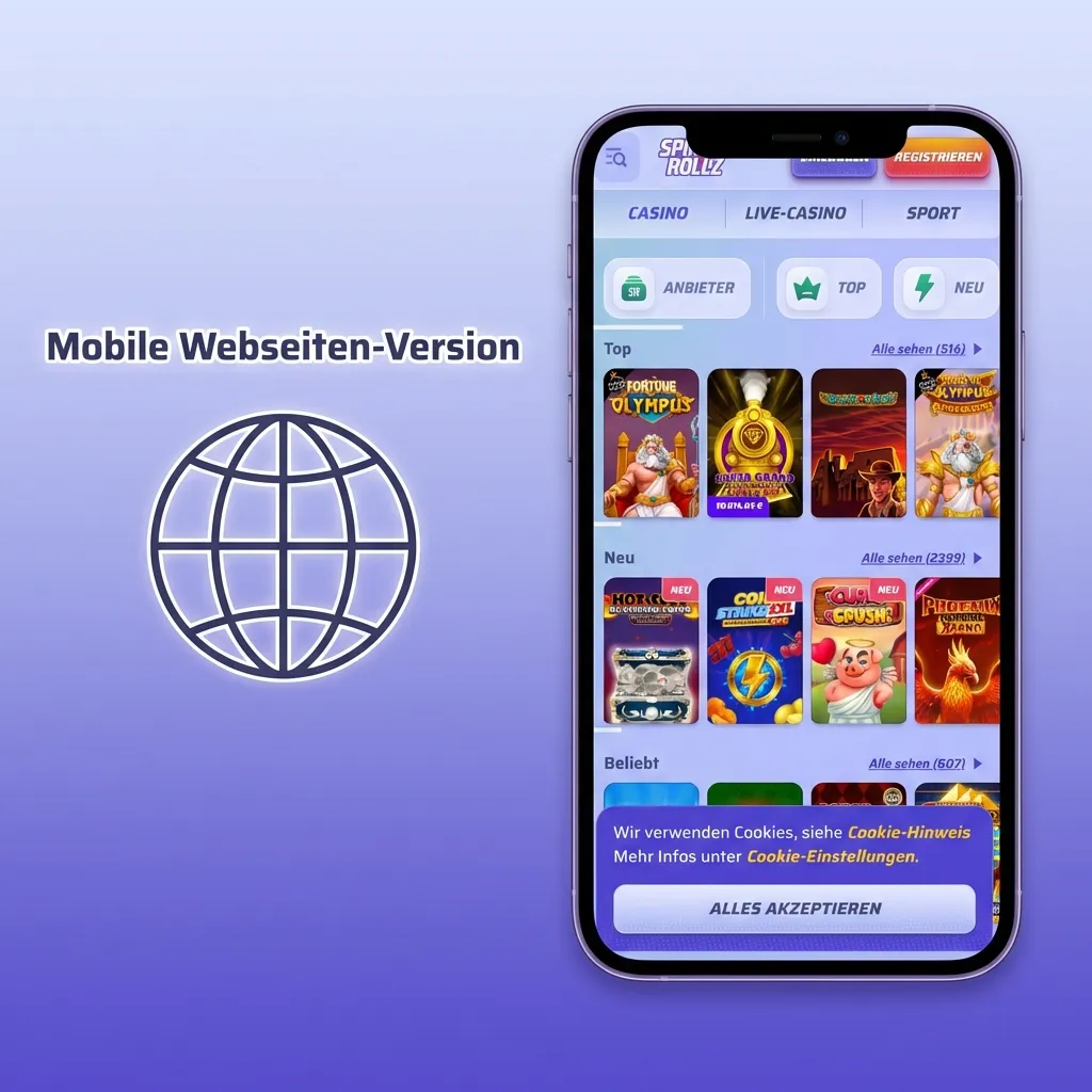 Mobile Spinrollz Webseite auf einem Smartphone für Sportwetten und Casino-Spiele.