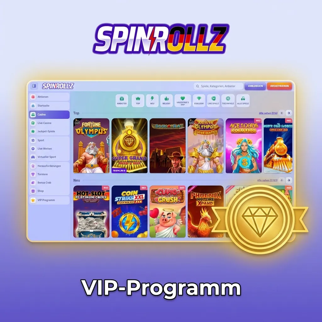 Übersicht des Spinrollz VIP-Programms mit verschiedenen Stufen und exklusiven Vorteilen für treue Spieler.