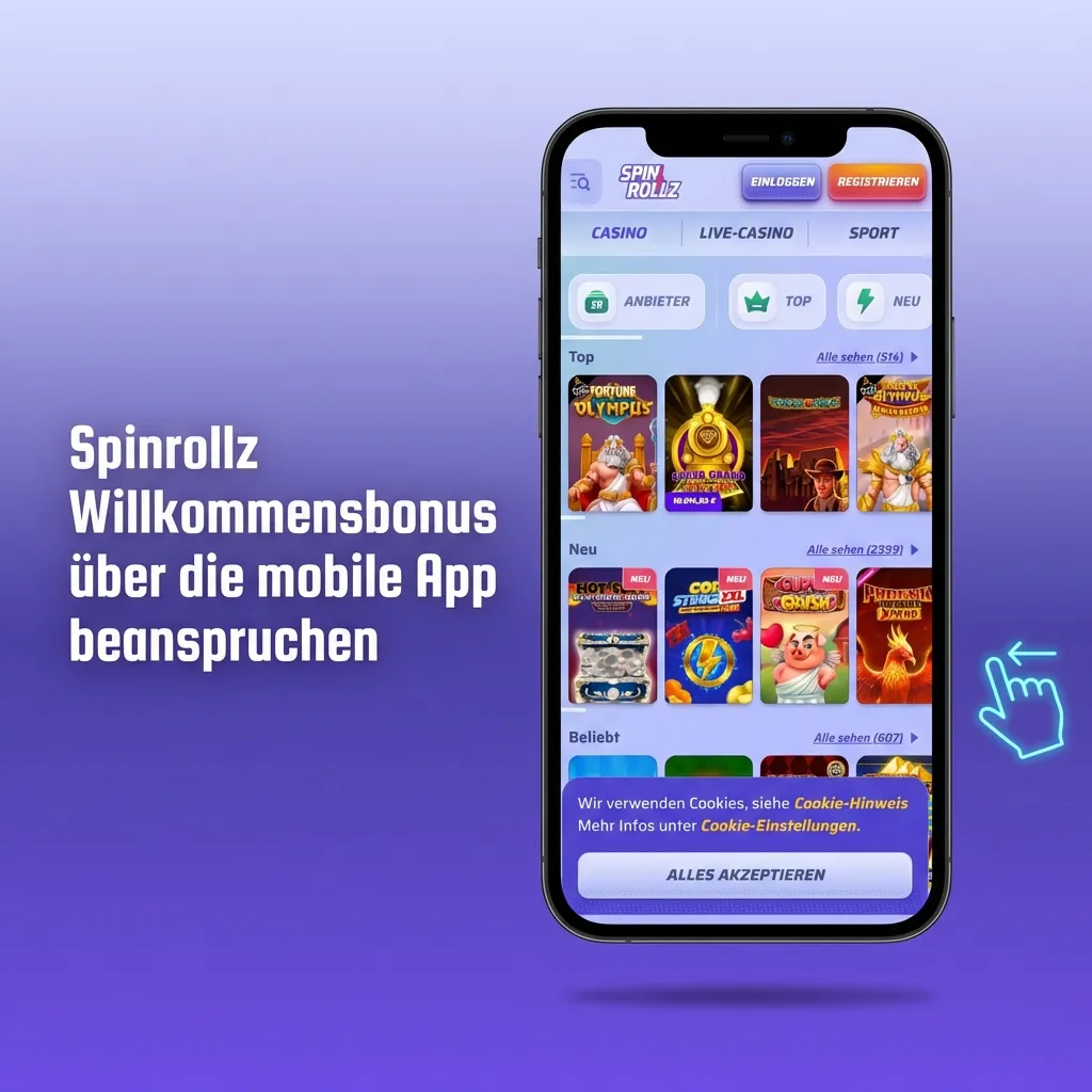 Smartphone mit geöffneter Spinrollz App und Willkommensbonus-Angebot.